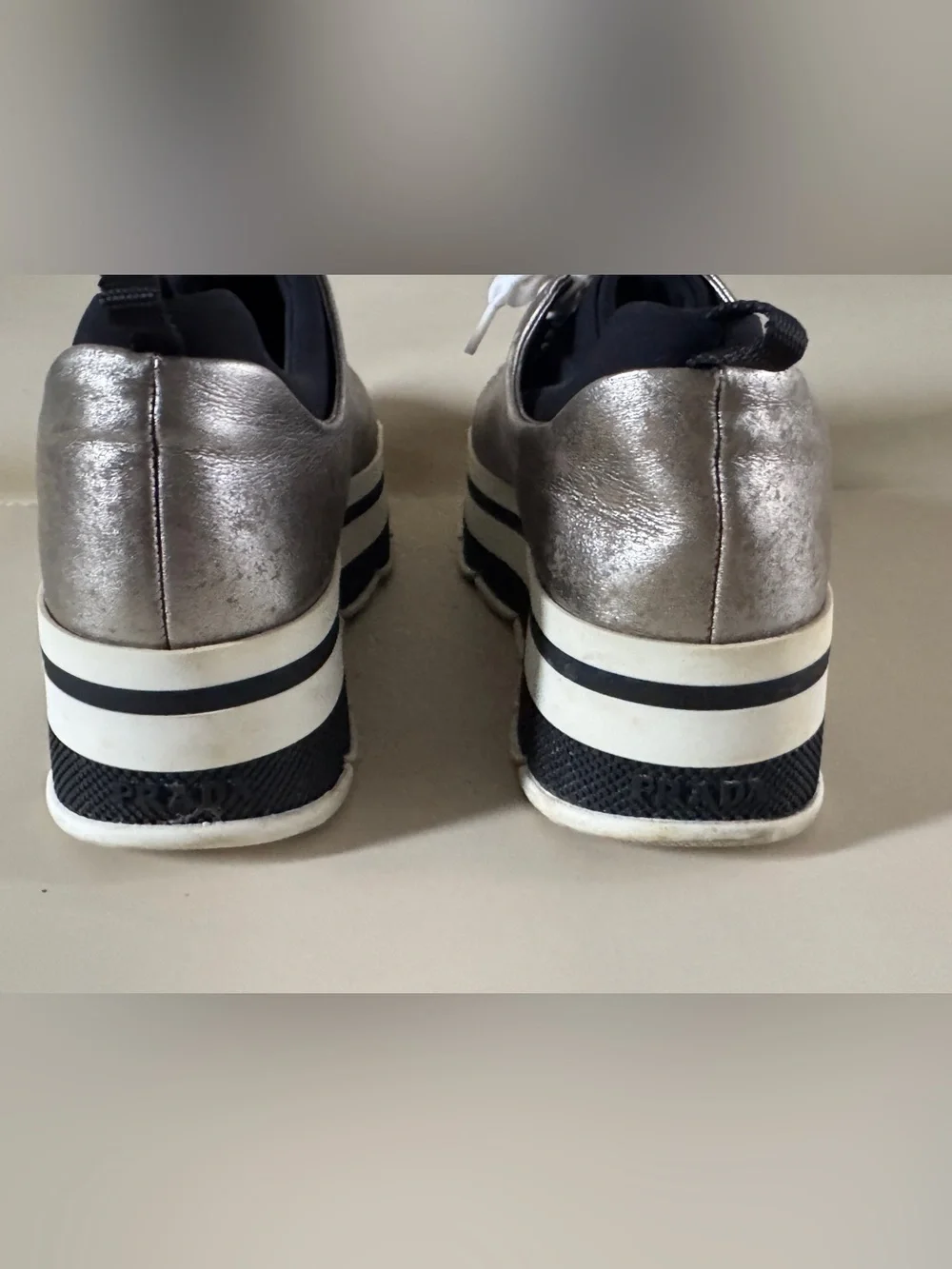 Prada Metallic Silver Platform Sneakers Sz 35.5 Chunky Designer Shoes